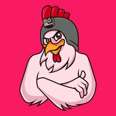 chicken with helmet action camera cartoon vector mascot illustration.