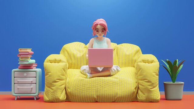 Happy young woman sitting on yellow sofa. Excited studying learning and researching information from computer. pink laptop is placed on lap. Cartoon character animation seamless loop. 3D Render