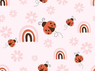 Seamless pattern with ladybug cartoons, flower and rainbows on pink background vector illustration.