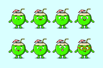 Obraz premium Set kawaii Young coconut cartoon character with different expressions of cartoon face vector illustrations