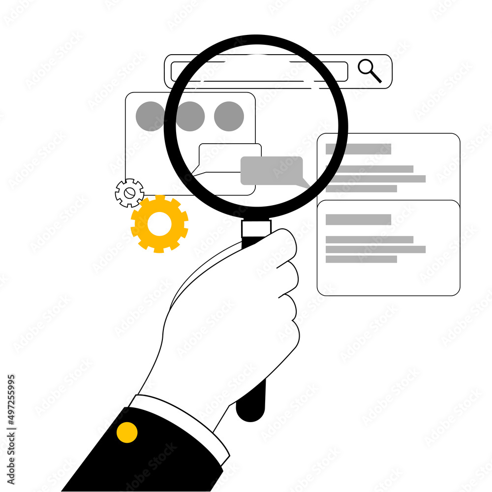 Aufkleber a hand with a magnifying glass looks for errors in a mobile application. vector illustration on the 