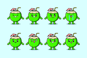 Set kawaii Young coconut cartoon character with different expressions of cartoon face vector illustrations