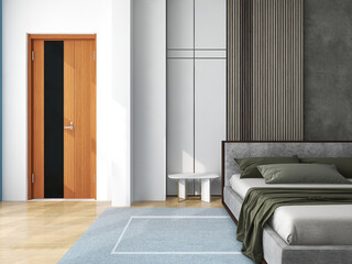 Simple modern style bedroom, simple wall decoration beautiful and wood door, Modern seaside accommodation with a contemporary design -3d Rendering