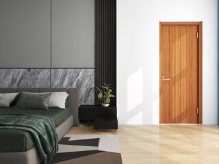 Simple modern style bedroom, simple wall decoration beautiful and wood door, Comfortable beds at seaside accommodation during vacations -3d Rendering