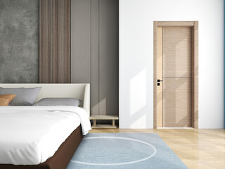 Simple modern style bedroom, simple wall decoration beautiful and wood door, Simple seaside accommodation with beautiful morning sun -3d Rendering