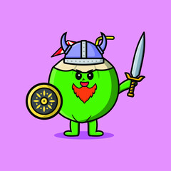 Cute cartoon character Young coconut viking pirate with hat and holding sword and shield in cute modern style design 