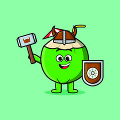 Cute cartoon character Young coconut viking pirate with hat and holding hammer and shield in cute style design 