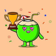Cute Cartoon character illustration of Young coconut is holding up the golden trophy with happy gesture, cute modern style design