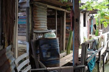 Fototapeta na wymiar The veranda of a slum-dwelling low-class village house.