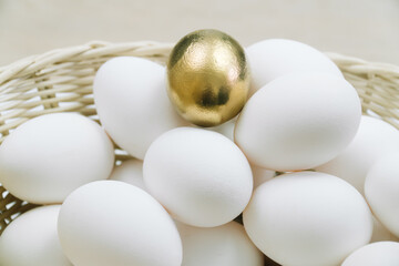 Raw white eggs and alone golden egg in a basket. White chicken eggs in turn top view