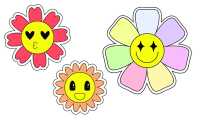 Retro emoji flower faces, trendy psychedelics design vector illustration set