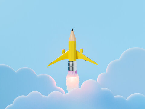 Lead pencil in form of rocket in blue sky