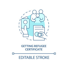 Getting refugee certificate turquoise concept icon. Belongings and documents abstract idea thin line illustration. Isolated outline drawing. Editable stroke. Arial, Myriad Pro-Bold fonts used