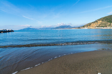 view of the Gulf of Tigullio from the seafront in Chiavari, Liguria, Italy