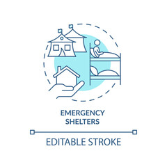Emergency shelter turquoise concept icon. Temporary asylum. Way to help refugees abstract idea thin line illustration. Isolated outline drawing. Editable stroke. Arial, Myriad Pro-Bold fonts used