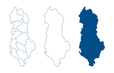 Albania map. Detailed blue outline and silhouette. Administrative divisions and counties. Set of vector maps. All isolated on white background. Template for design and infographics.
