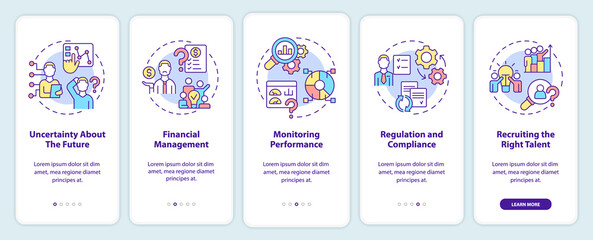 Business challenges onboarding mobile app screen. Monitoring performance walkthrough 5 steps graphic instructions pages with linear concepts. UI, UX, GUI template. Myriad Pro-Bold, Regular fonts used