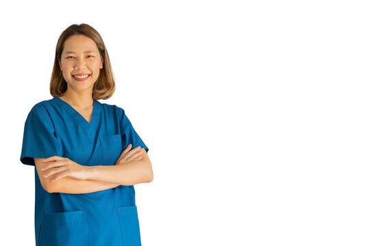 close up young beautiful asian nurse woman smile and arm crossed isolated on white background for healthcare worker concept	