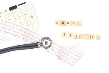 Heart failure. Flatlay arrangement. Stethoscope with electrocardiogram sheet and computer keyboard on isolated on white background. Place to copy paste.