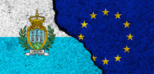 Europe Union and San Marino flags. Relationships, partnership and diplomacy. Conflict and freedom...