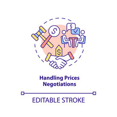 Handling prices negotiations concept icon. Business sales complication abstract idea thin line illustration. Isolated outline drawing. Editable stroke. Arial, Myriad Pro-Bold fonts used