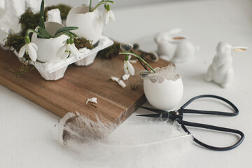 Easter rustic still life. Easter egg shells with blooming snowdrops, bunny figurines, feathers, nest on aged white wooden table. Simple stylish festive decoration on table. Happy Easter!