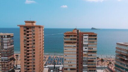 city view through buildings and beaches towards the sea. High-quality photo
