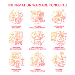 Information warfare red gradient concept icons set. Mislead adversaries. Strategy and tactic idea thin line color illustrations. Isolated symbols. Roboto-Medium, Myriad Pro-Bold fonts used