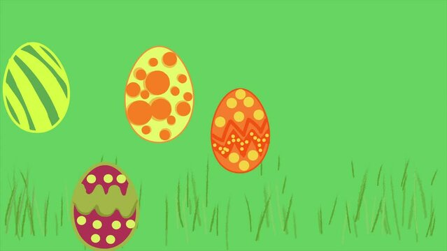 Happy easter. Dancing and rolling eggs on green grass with white daisies. Postcard as an animation with a spring holiday. High quality 4k footage