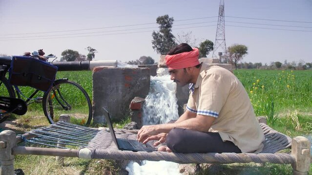 A modern Indian villager working on his laptop while sitting on a woven cot - an electronic gadget  internet technology. An educated farmer relaxing in his mustard / Sarso field near a tubewell - p...