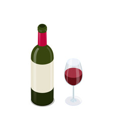 Open red wine bottle with wine glass isometric vector illustration isolated on whit
