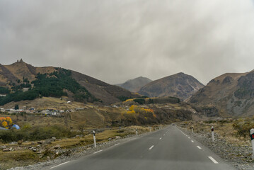 Road and nature view from Tbilisi to Kazbegi by private car  O
