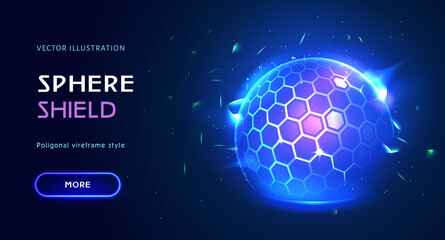Energy glowing sphere, force shield bubble. Power protective defense dome or protection field. 3d safety blue ball barrier. Firewall absolute protect. Landing page for antiviral futuristic technology.