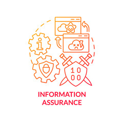 Information assurance red gradient concept icon. Data protection and defence. Basic definition abstract idea thin line illustration. Isolated outline drawing. Myriad Pro-Bold font used