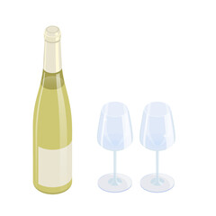 White wine bottle and two clean glasses isometric vector illustration