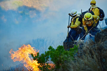 Where theres smoke, theres fire and fire fighters. Shot of fire fighters combating a wild fire.
