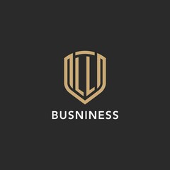 Luxury LL logo monogram shield shape monoline style with gold color and dark background