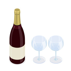 Red wine bottle and two clean glasses isometric vector illustration