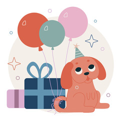 Vector flat cartoon illustration. Birthday party. A puppy in a festive hat sits next to gifts and balloons.