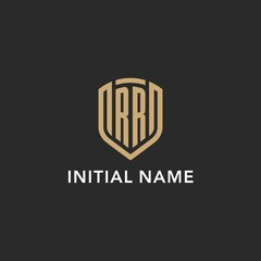 Luxury RR logo monogram shield shape monoline style with gold color and dark background
