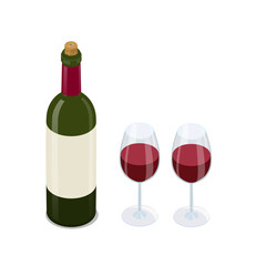 Open red wine bottle with two wine glasses isometric vector illustration isolated on white 