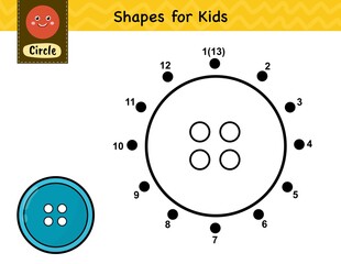 Connect the dots and draw a button. Dot to dot number game for kids. Learning circle shape activity page for preschool. Puzzle template for children. Vector illustration
