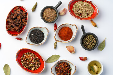 Bowls with various spices on white background