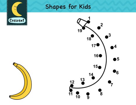 Connect the dots and draw a banana. Dot to dot number game for kids. Learning a crescent shape activity page for preschool. Puzzle template for children. Vector illustration