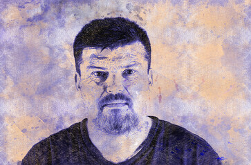 Portrait of a 45-year-old man looking into the camera. An adult unshaven man indoors. Digital watercolor paintingPortrait of a 45-year-old man looking into the camera. An adult unshaven man indoors