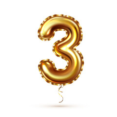 3d realistic golden balloon number three with ribbon for decoration design.