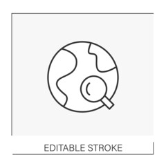  SEO line icon. Searching information in a global network by magnifier. Social connections. Worldwide internet web. Web service concept. Isolated vector illustration. Editable stroke