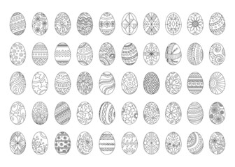 Easter eggs drawn in outline. Easter coloring book. Vector drawings of eggs with patterns. Can be used to create greeting banners, postcards, for advertising on the Internet or printing in the polygra