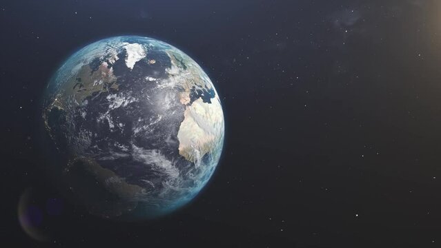 Planet Earth. High resolution realistic planet Earth. View of the planet Earth from space. Rotation of the Earth around the Sun. View from space to the continent of Eurasia Sunrise over North America.
