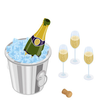Open bottle of champagne in an ice bucket, glasses filled with bubbling champagne and cork